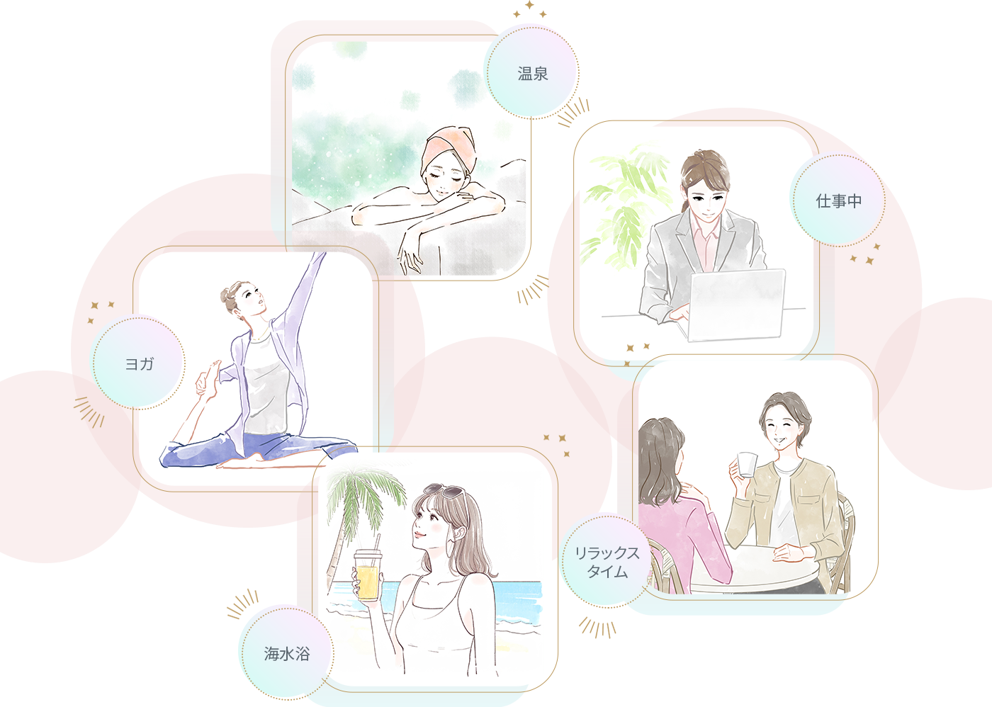 温泉・ヨガ・仕事中・リラックスタイム・海水浴